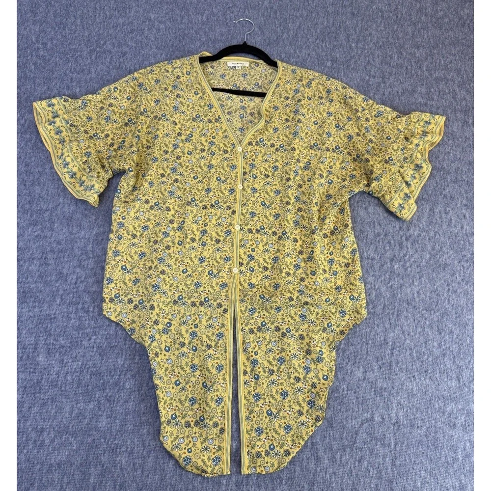 Max Studio Yellow Floral‎ Tie Front Top Medium Short Sleeve Cropped Boho Blouse